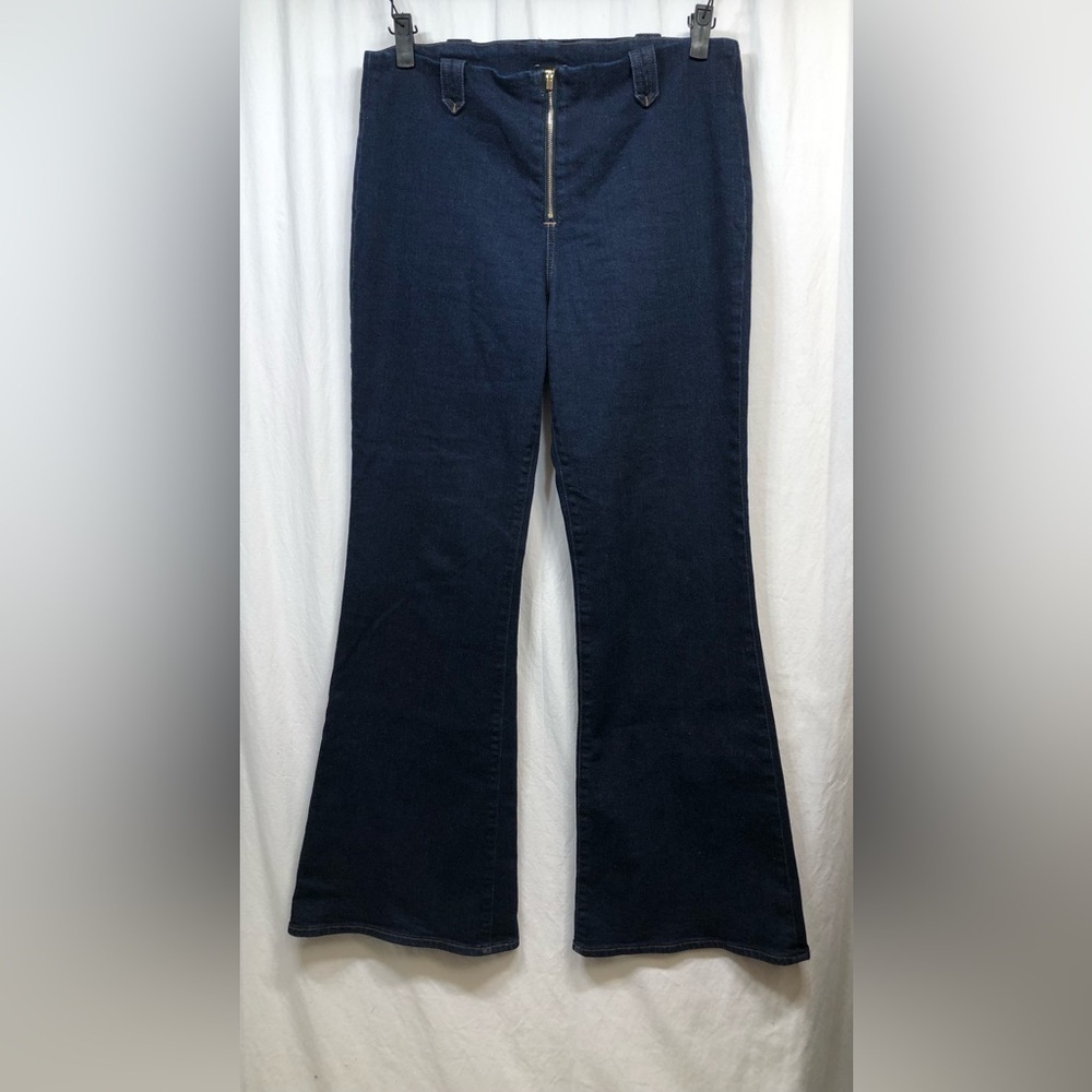 EXPRESS 70s Flare Jeans Size 12R Midrise Dark Wash Exposed Front Zipper Stretch